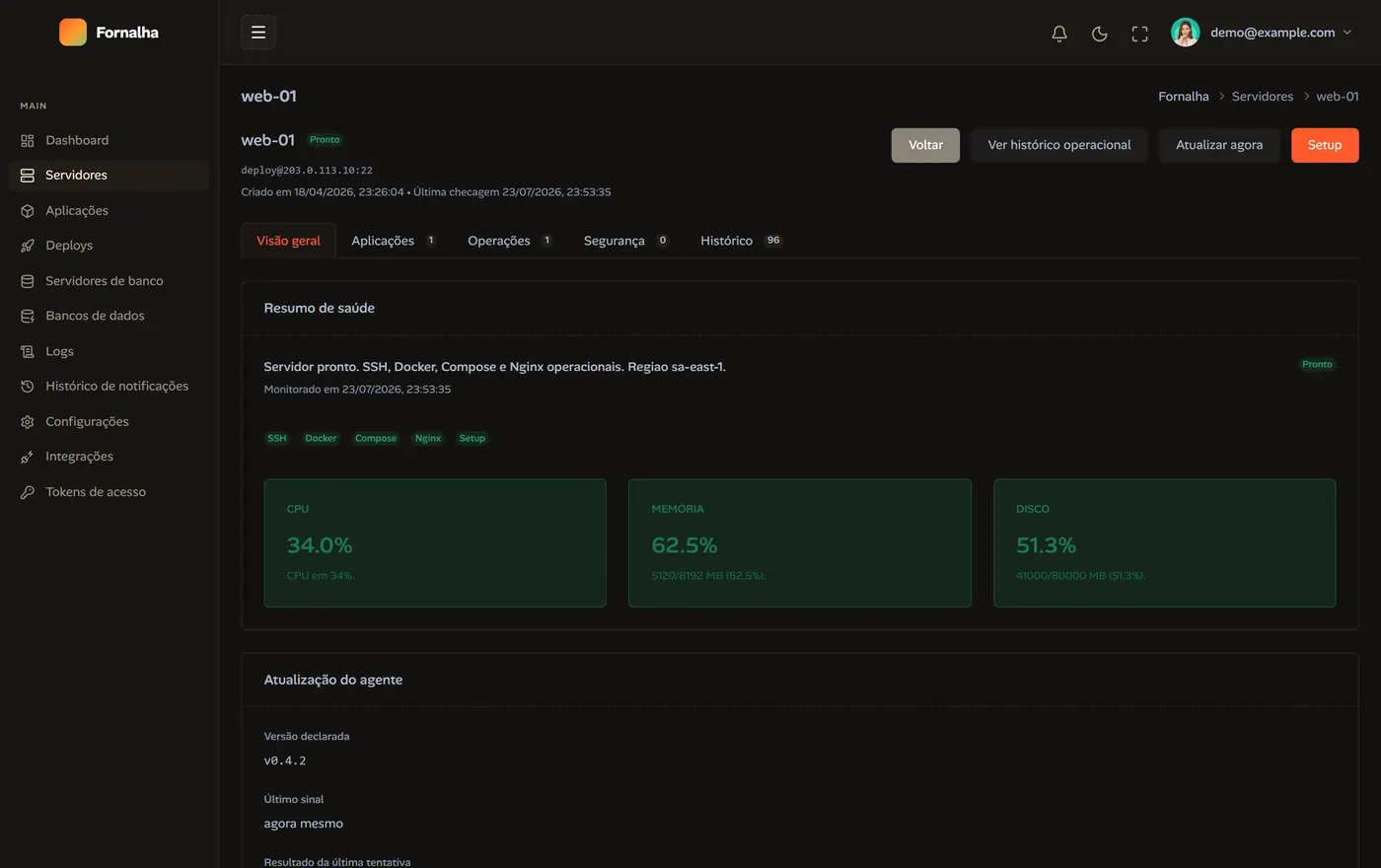 Tela de detalhe do servidor web-01 com resumo de saúde e cards de recursos