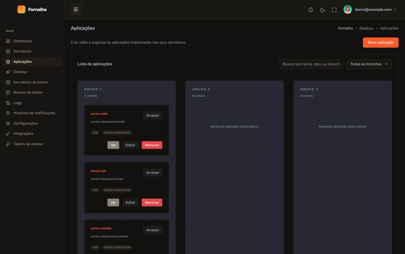 Board kanban de aplicações distribuídas em três grupos