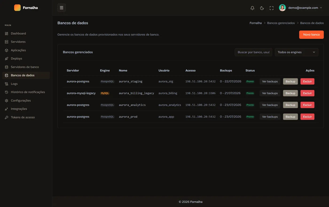 Lista de bancos gerenciados com engine, usuário, endpoint e backups