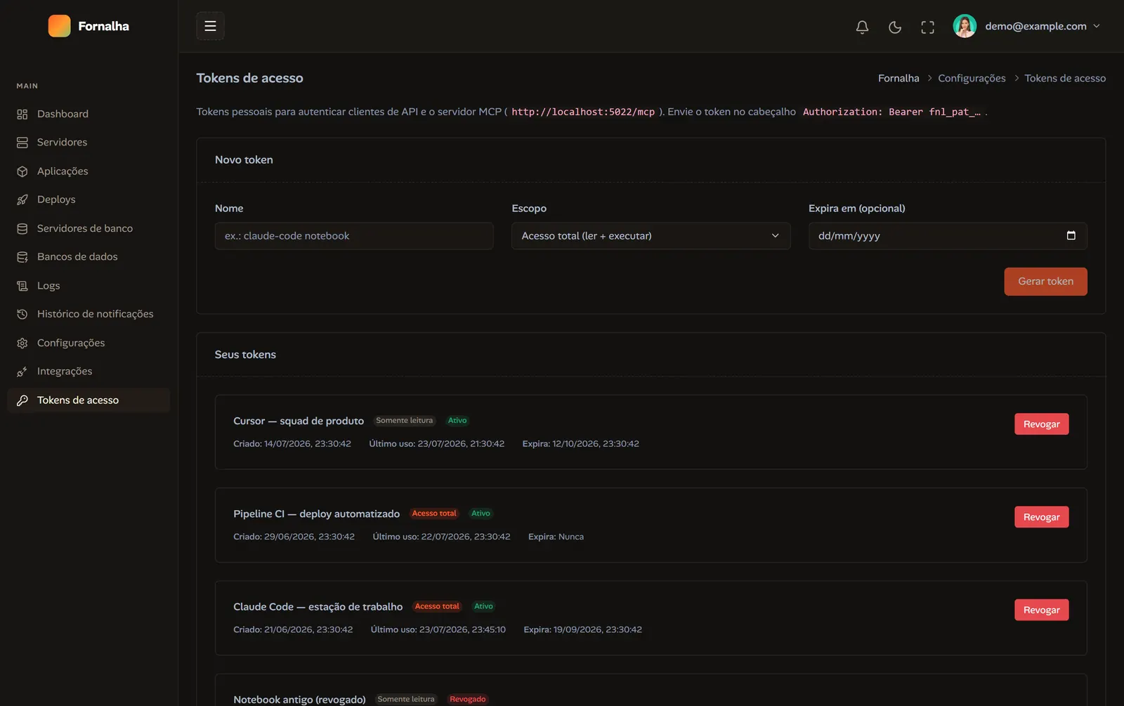 Tela de tokens de acesso mostrando a URL do servidor MCP e o formulário de geração